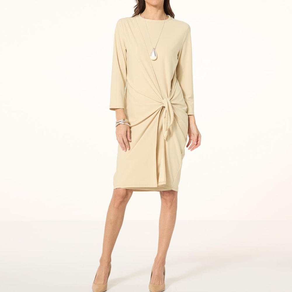 WynneLayers Luxe Crepe Draped Faux Wrap Dress in Almond Size XL Tie Front